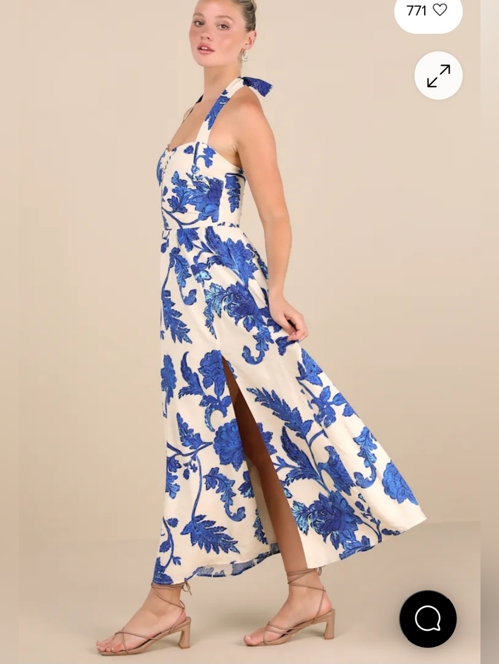 Layton Blue and Cream Floral Halter Maxi Dress